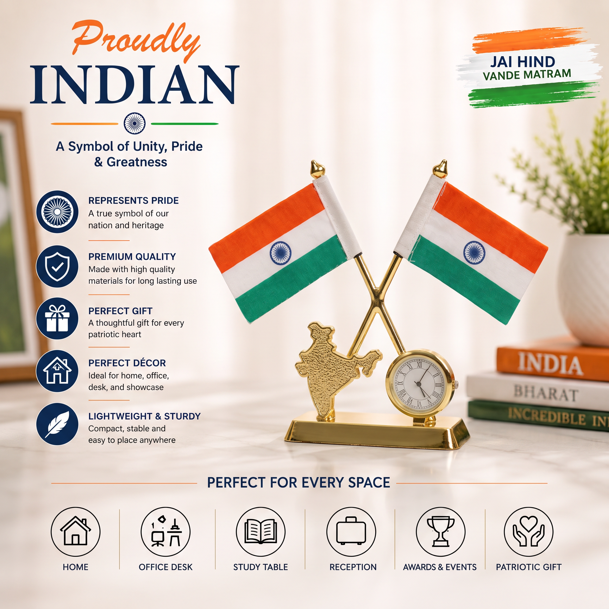 HindCraft Indian Flag Desk Clock Showpiece with Dual Flags Decor Gift