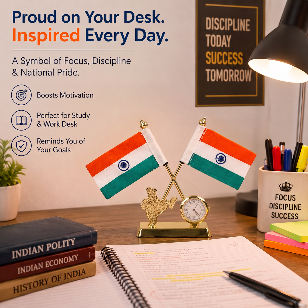 HindCraft Indian Flag Desk Clock Showpiece with Dual Flags Decor Gift
