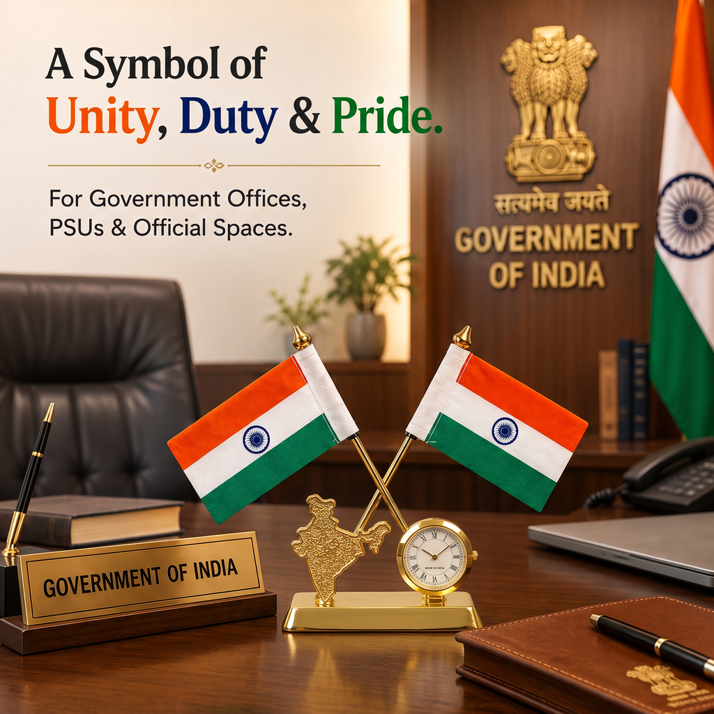 HindCraft Indian Flag Desk Clock Showpiece with Dual Flags Decor Gift