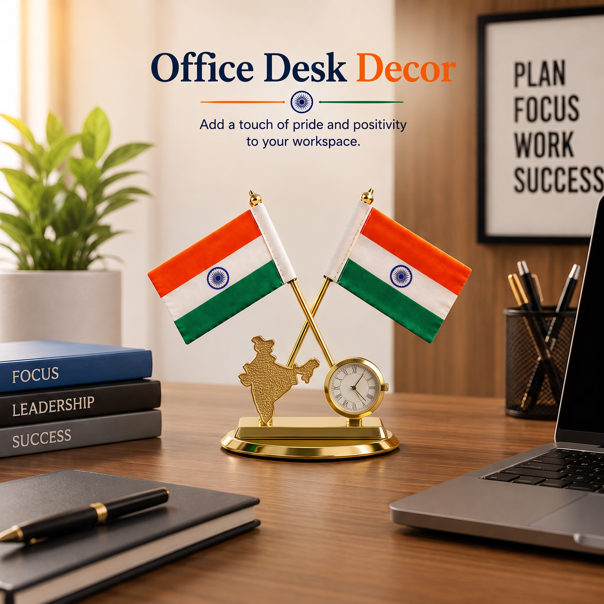 HindCraft Indian Flag Desk Clock Showpiece with Dual Flags Decor Gift