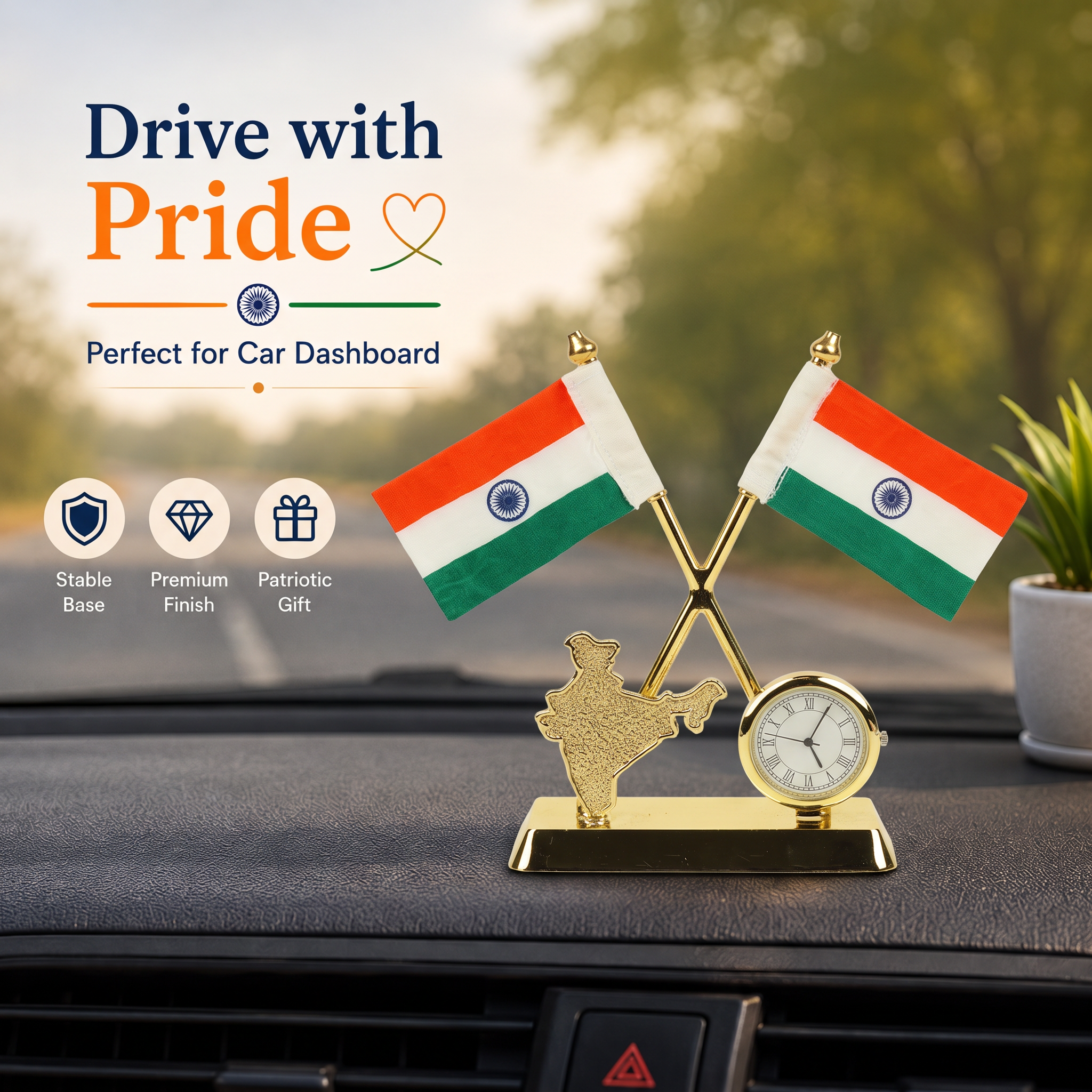 HindCraft Indian Flag Desk Clock Showpiece with Dual Flags Decor Gift