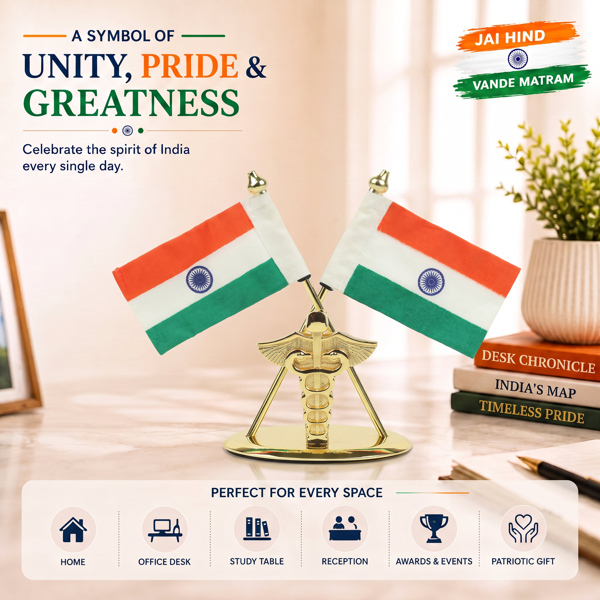 HindCraft Indian National Flag Table Top Showpiece | Double Tiranga Desk Decor for Office, Home & Reception