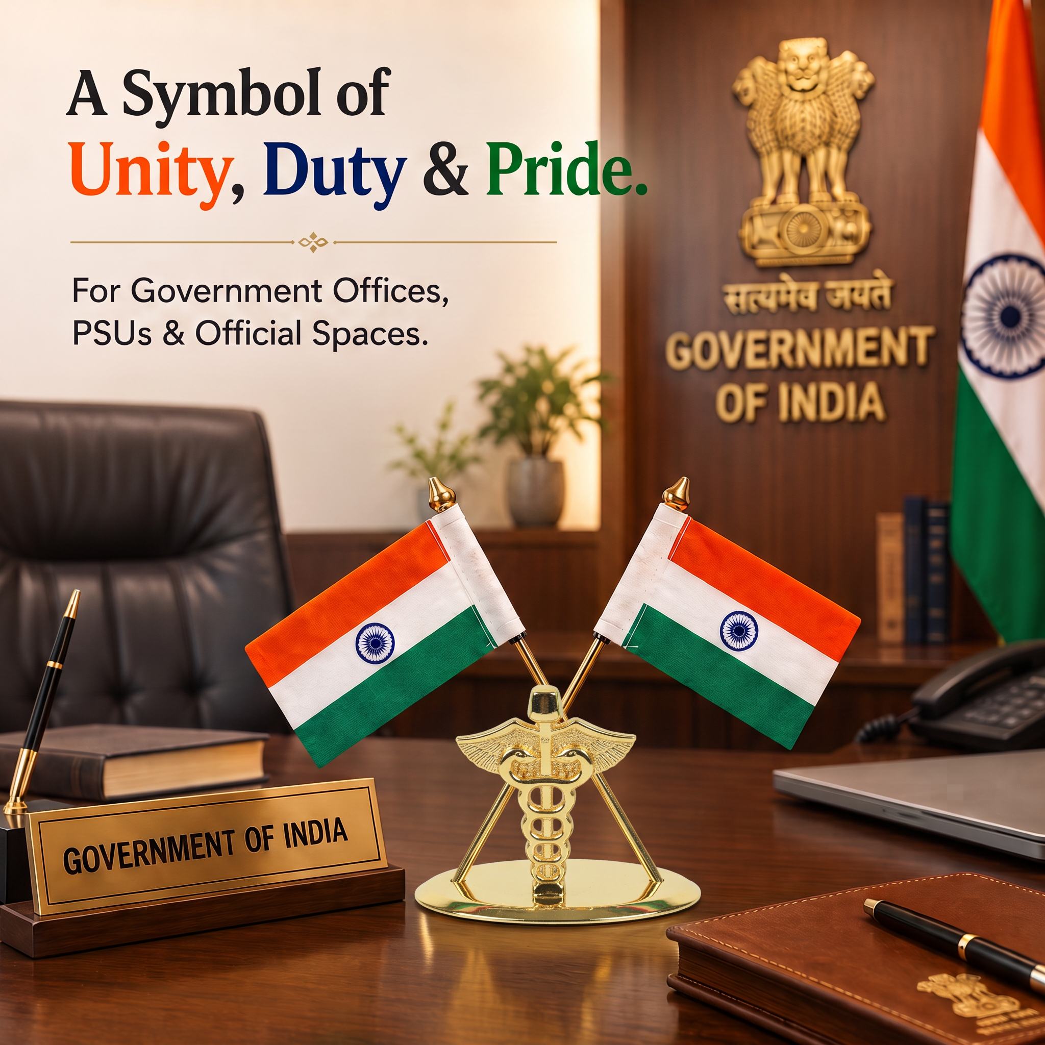 HindCraft Indian National Flag Table Top Showpiece | Double Tiranga Desk Decor for Office, Home & Reception