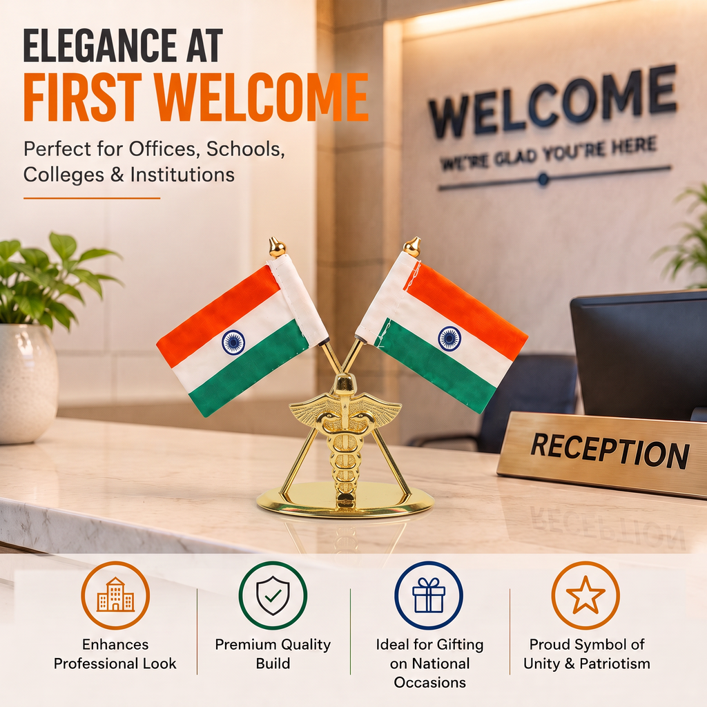 HindCraft Indian National Flag Table Top Showpiece | Double Tiranga Desk Decor for Office, Home & Reception
