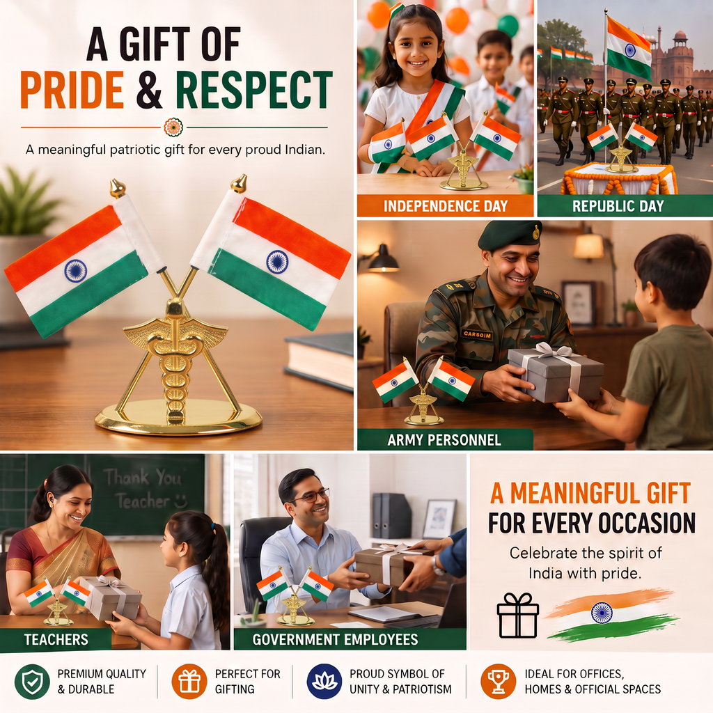 HindCraft Indian National Flag Table Top Showpiece | Double Tiranga Desk Decor for Office, Home & Reception