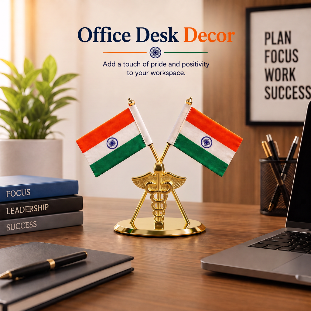 HindCraft Indian National Flag Table Top Showpiece | Double Tiranga Desk Decor for Office, Home & Reception