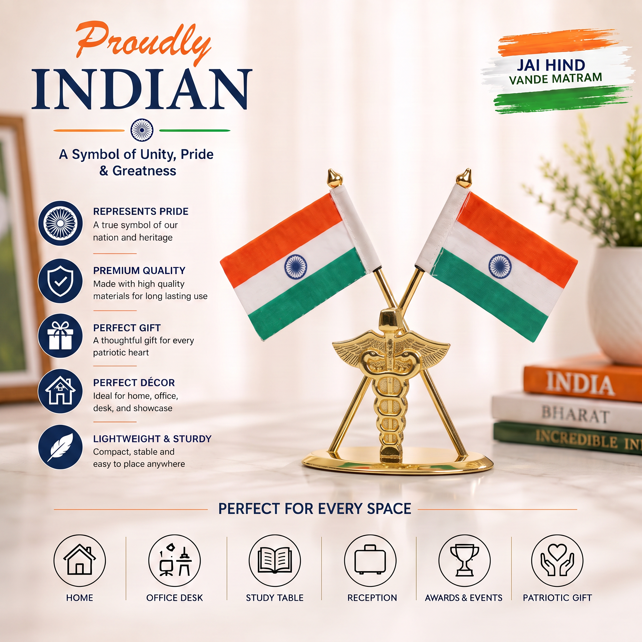 HindCraft Indian National Flag Table Top Showpiece | Double Tiranga Desk Decor for Office, Home & Reception
