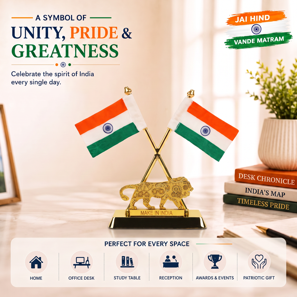 HindCraft Double Indian National Flag with Make in India Lion | Patriotic Table Top Showpiece for Office, Home & Reception