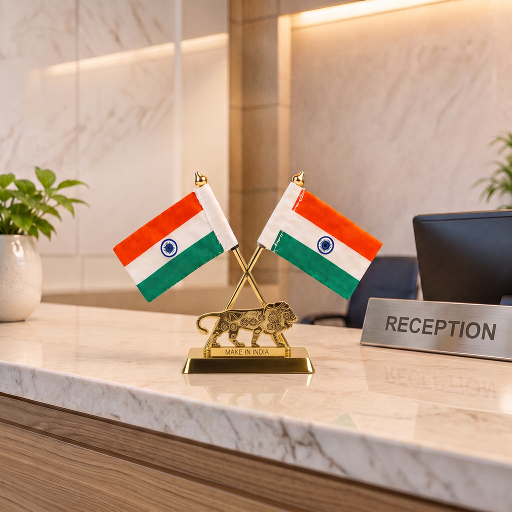 HindCraft Double Indian National Flag with Make in India Lion | Patriotic Table Top Showpiece for Office, Home & Reception