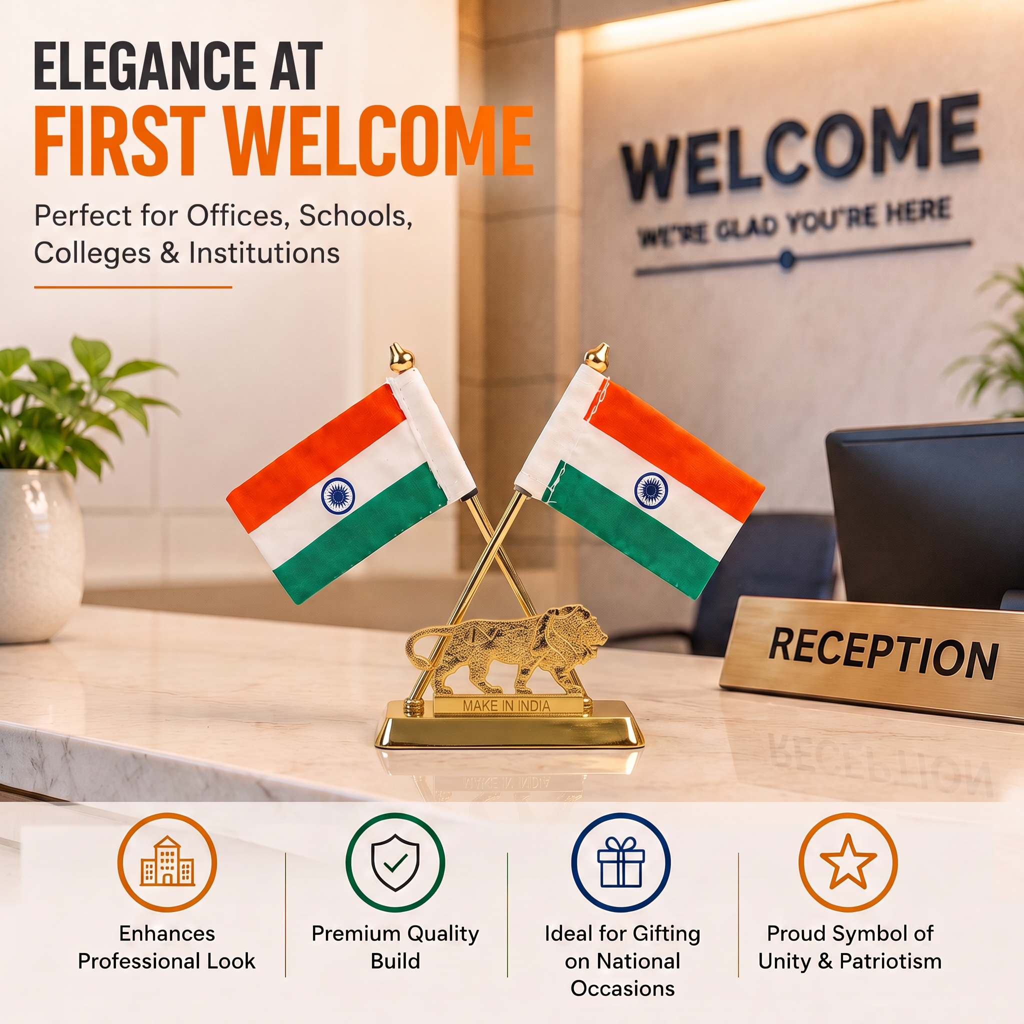 HindCraft Double Indian National Flag with Make in India Lion | Patriotic Table Top Showpiece for Office, Home & Reception