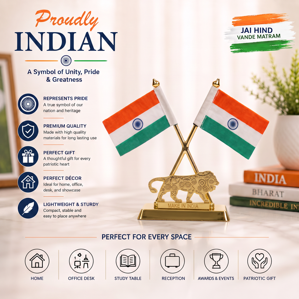 HindCraft Double Indian National Flag with Make in India Lion | Patriotic Table Top Showpiece for Office, Home & Reception