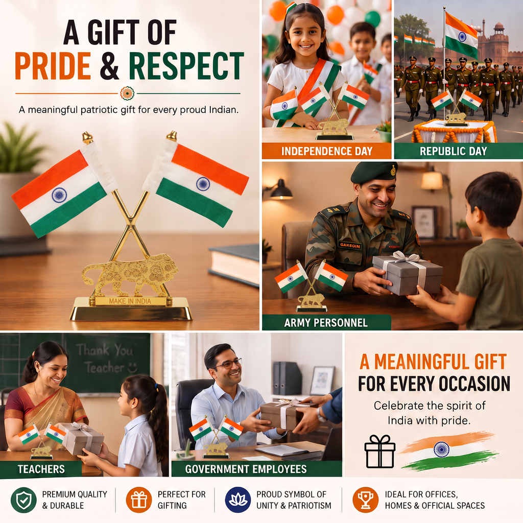 HindCraft Double Indian National Flag with Make in India Lion | Patriotic Table Top Showpiece for Office, Home & Reception
