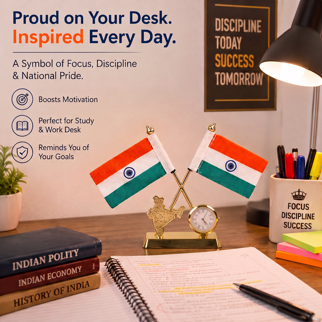 HindCraft Indian Flag Desk Clock Showpiece with Dual Flags Decor Gift