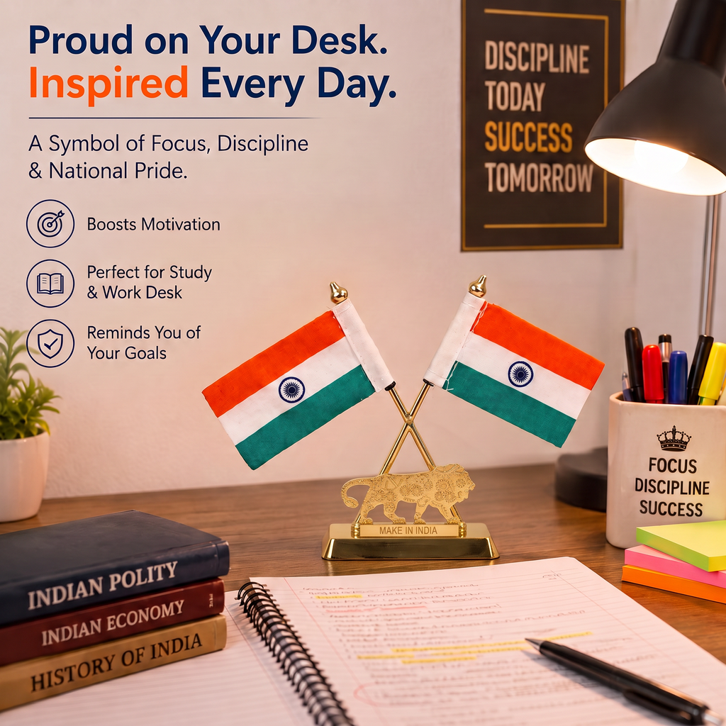 HindCraft Double Indian National Flag with Make in India Lion | Patriotic Table Top Showpiece for Office, Home & Reception