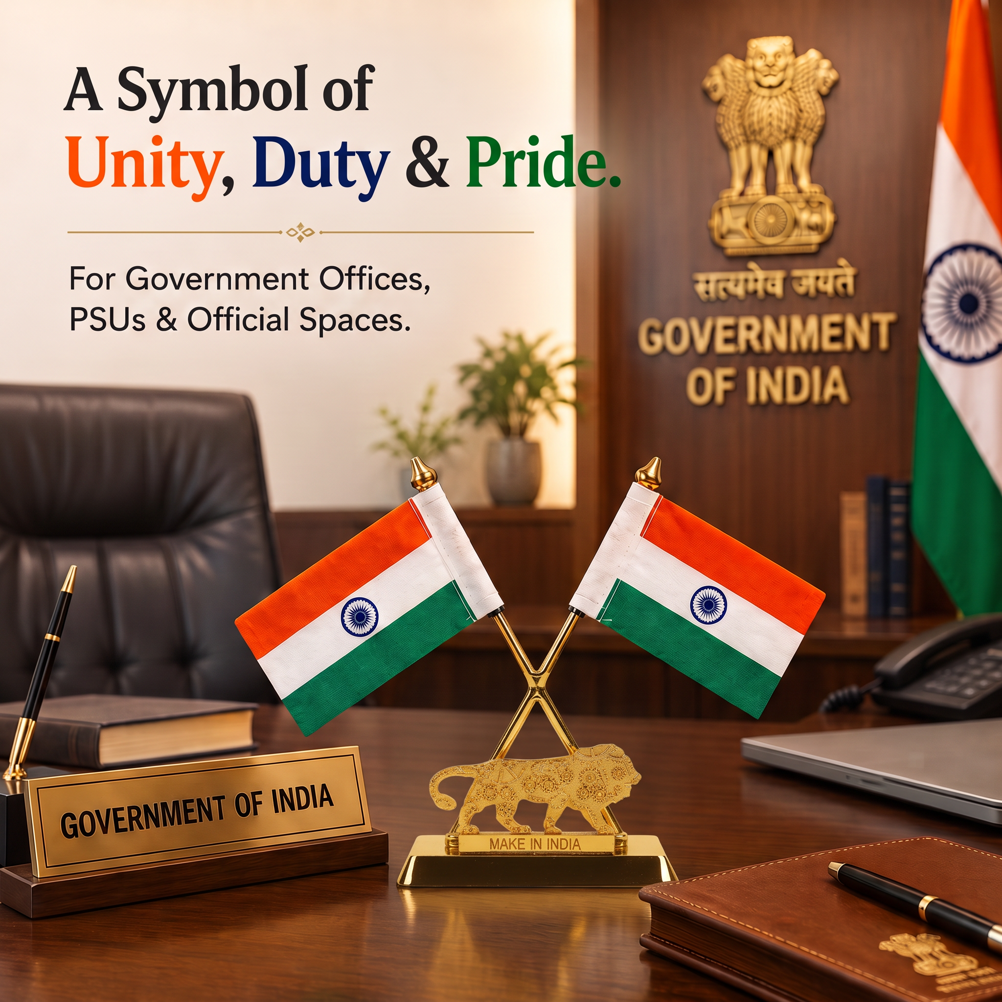 HindCraft Double Indian National Flag with Make in India Lion | Patriotic Table Top Showpiece for Office, Home & Reception