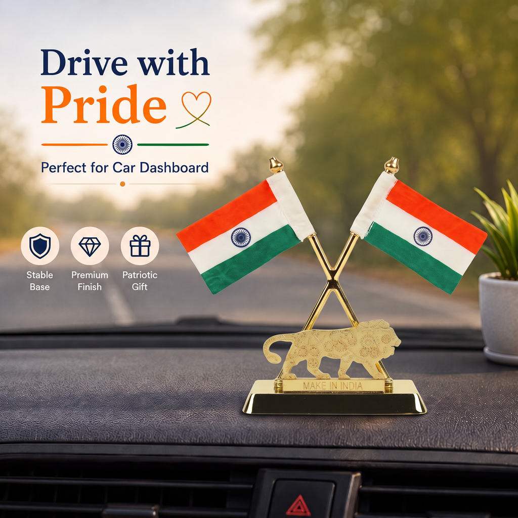 HindCraft Double Indian National Flag with Make in India Lion | Patriotic Table Top Showpiece for Office, Home & Reception