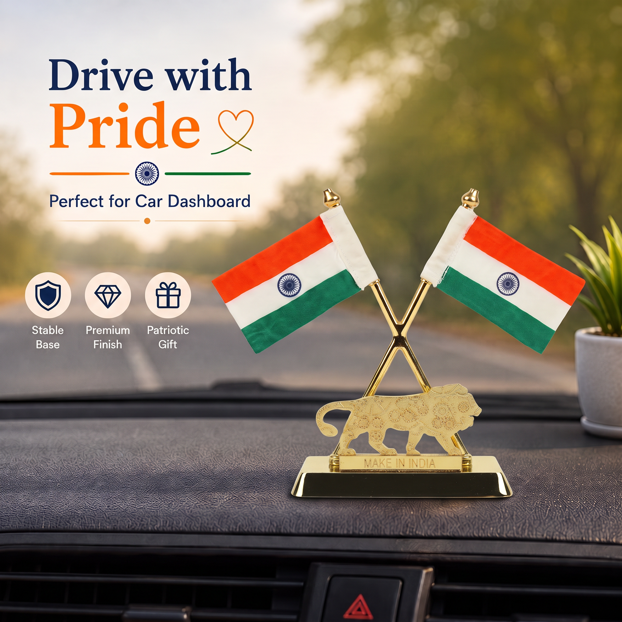 HindCraft Double Indian National Flag with Make in India Lion | Patriotic Table Top Showpiece for Office, Home & Reception