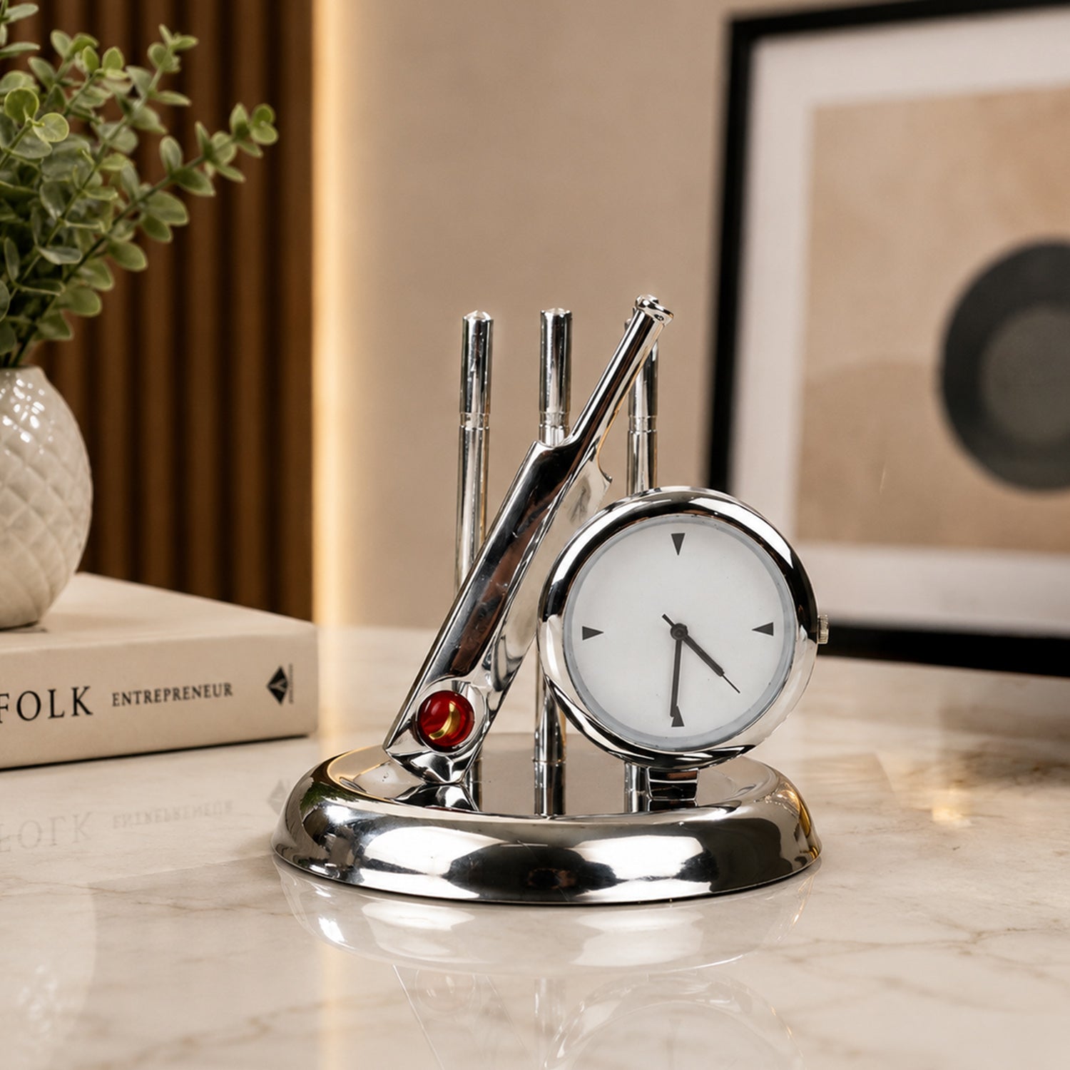 HindCraft Cricket Bat & Ball Analog Clock Showpiece | Sports Table Decor for Home, Office & Cricket Lovers