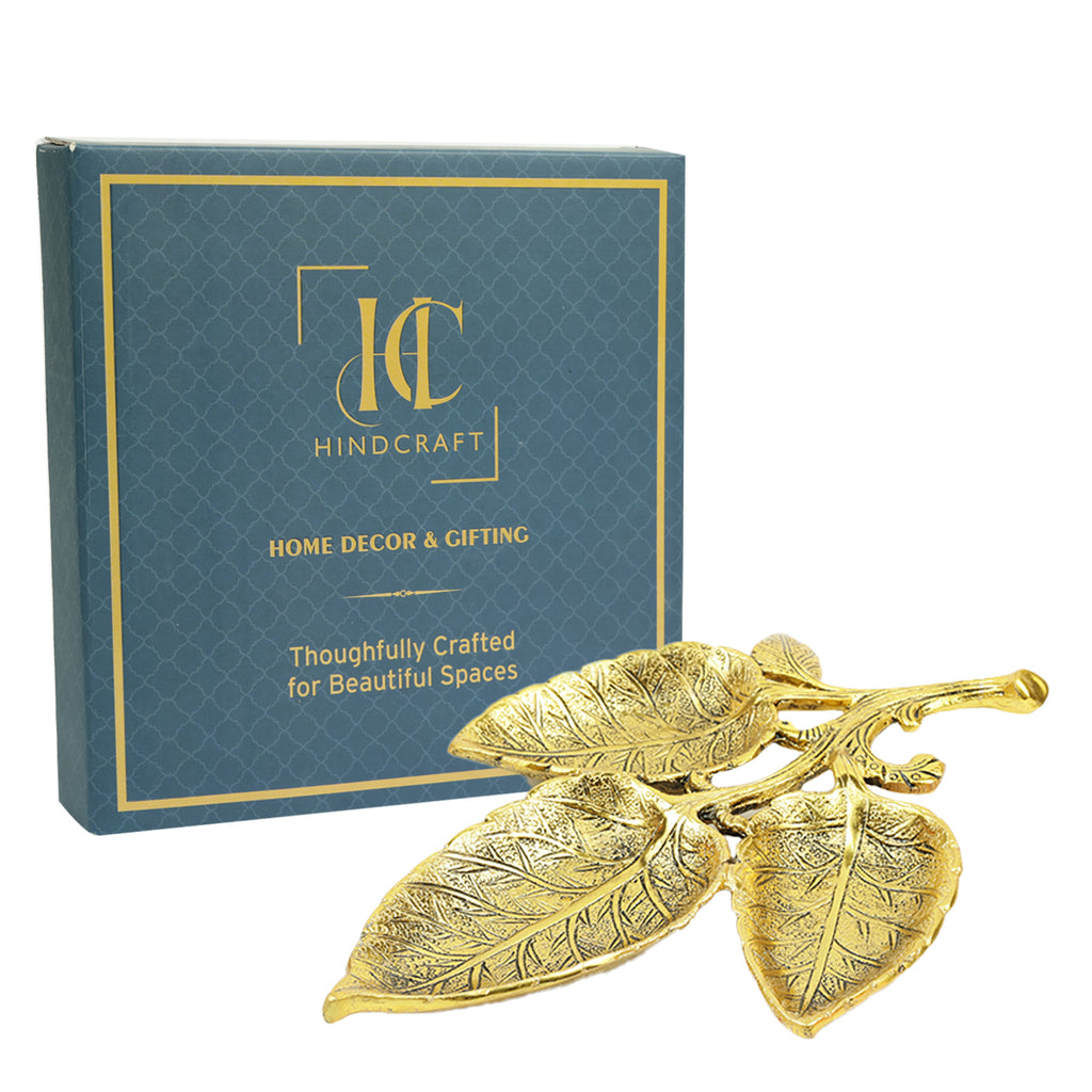 HindCraft 3 Leaf Gold-Finish Dry Fruit Serving Tray for Sweets, Nuts & Festive Gifting