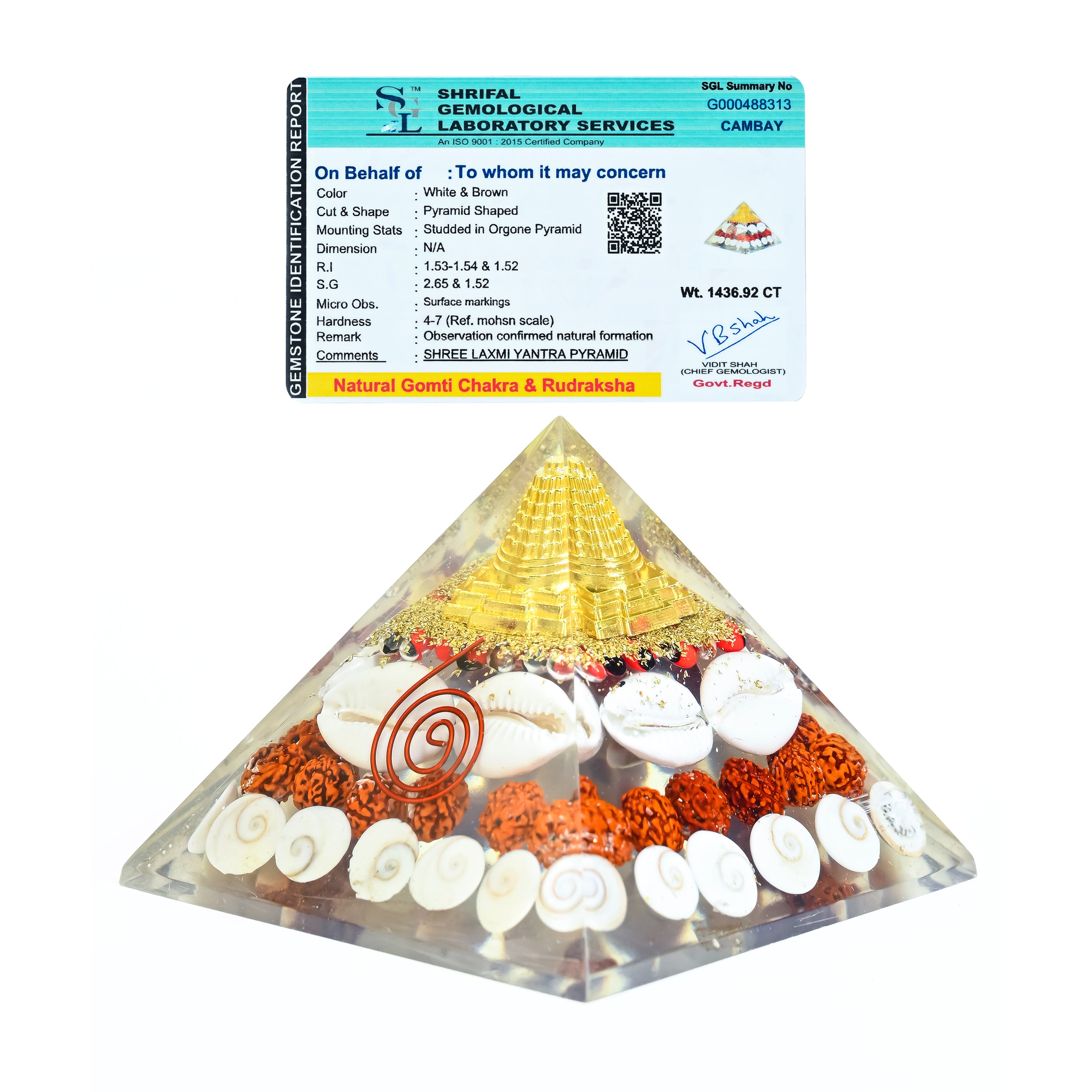 HindCraft 90mm Laxmi Shree Yantra Orgonite Pyramid with Rudraksha, Gomti Chakra, Cowrie Shells & Copper Coil | Spiritual Pyramid for Home, Office, Meditation & Vastu Decor