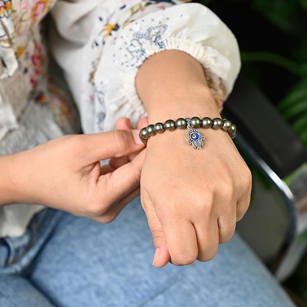 HindCraft Pyrite Evil Eye Bracelet with Hamsa Charm for Protection Gift