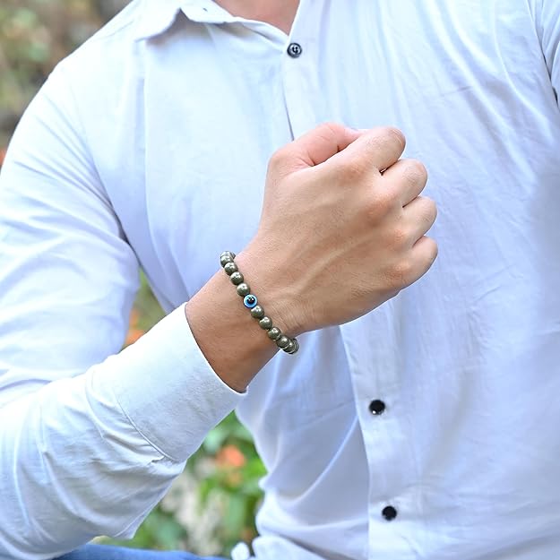HindCraft Pyrite Evil Eye Bracelet with Hamsa Charm for Protection Gift