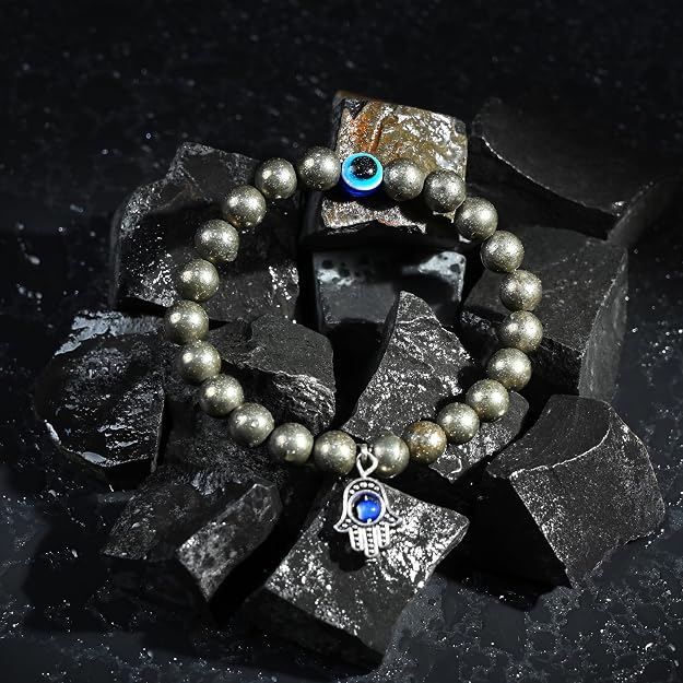 HindCraft Pyrite Evil Eye Bracelet with Hamsa Charm for Protection Gift