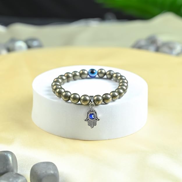 HindCraft Pyrite Evil Eye Bracelet with Hamsa Charm for Protection Gift