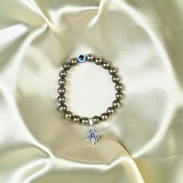 HindCraft Pyrite Evil Eye Bracelet with Hamsa Charm for Protection Gift
