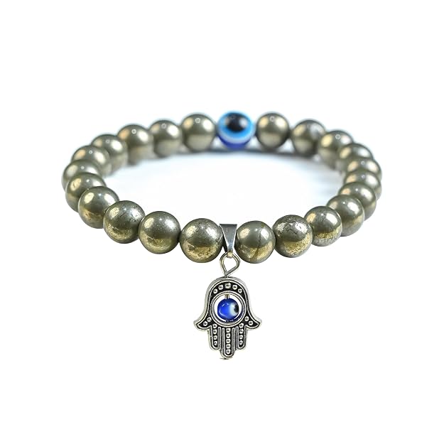 HindCraft Pyrite Evil Eye Bracelet with Hamsa Charm for Protection Gift