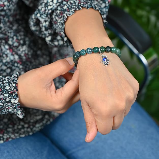 HindCraft Moss Agate Evil Eye Bracelet with Hamsa Charm for Style