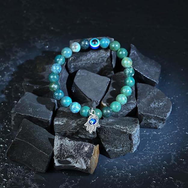 HindCraft Moss Agate Evil Eye Bracelet with Hamsa Charm for Style