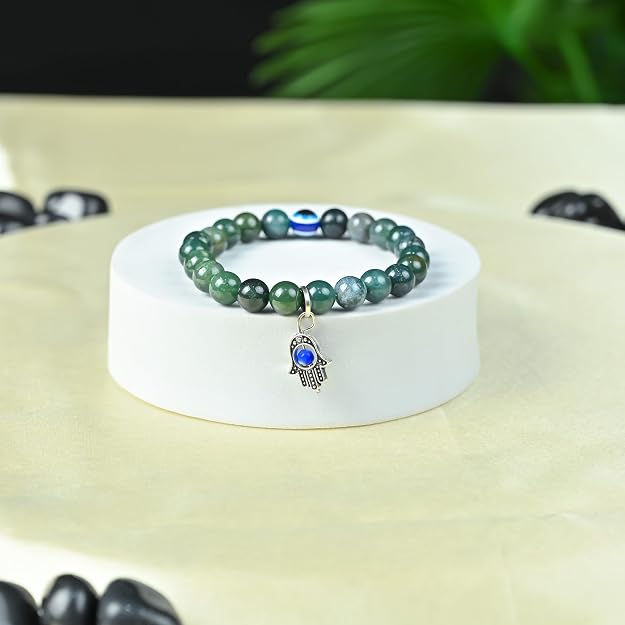HindCraft Moss Agate Evil Eye Bracelet with Hamsa Charm for Style