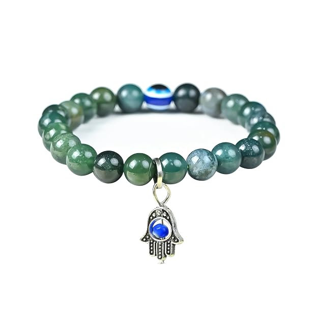 HindCraft Moss Agate Evil Eye Bracelet with Hamsa Charm for Style