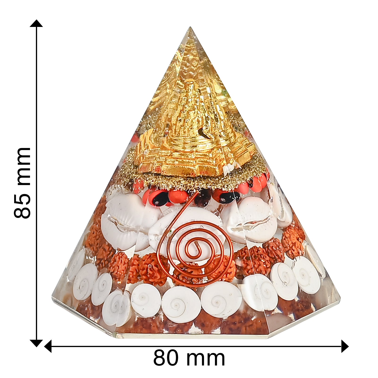 HindCraft Lakshmi Shree Yantra Orgonite Pyramid with Gomti Chakra, Rudraksha, Kaudi Shells and Copper Coil for Vastu Home Décor