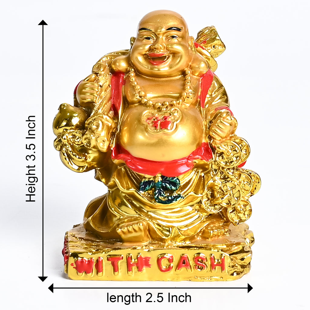 HindCraft Golden Laughing Buddha with Cash & Coins Showpiece for Home and Office Décor