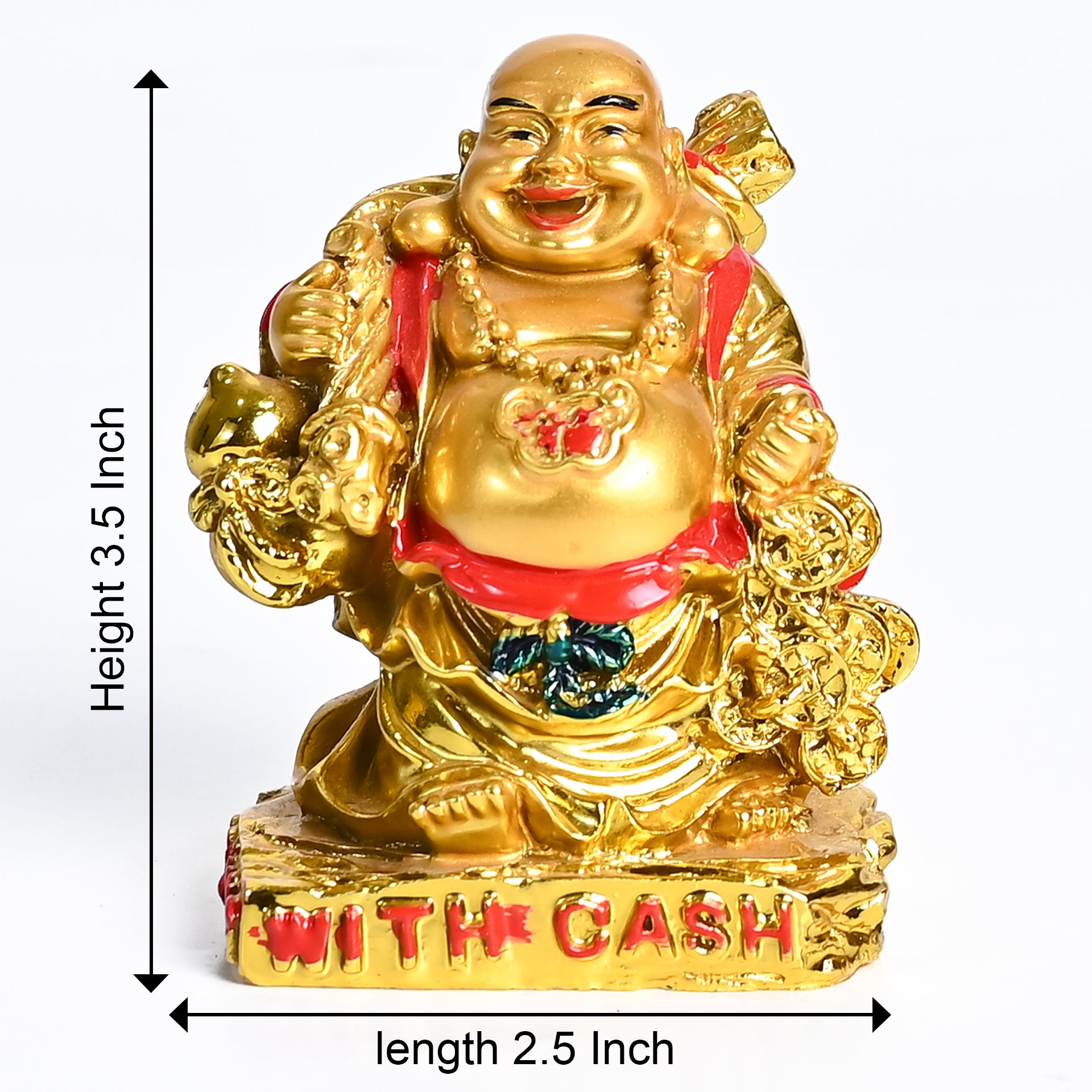 HindCraft Golden Laughing Buddha with Cash & Coins Showpiece for Home and Office Décor