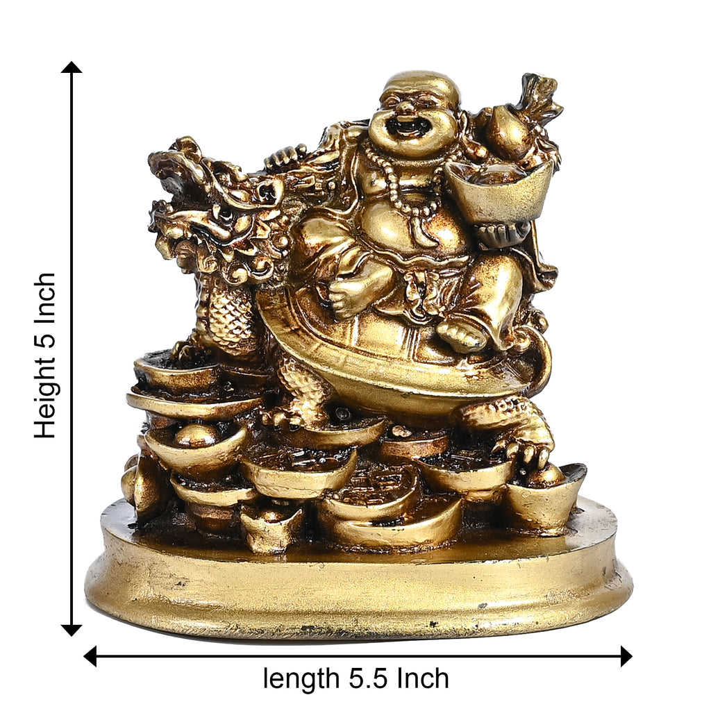 HindCraft Golden Laughing Buddha on Dragon Turtle with Wealth Ingots for Home, Office, Shop & Business Décor