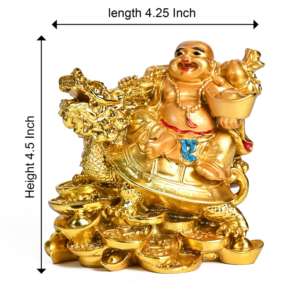 HindCraft Golden Laughing Buddha on Dragon Turtle Showpiece for Home, Office & Wealth Décor