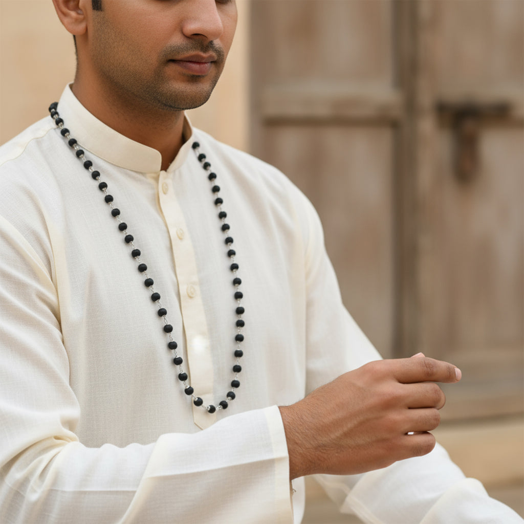 HindCraft Karungali Mala 54 Beads with Silver Caps & Karungali Bracelet | Natural Ebony Wood Combo | Karungali Malai Original Spiritual Jap Mala for Men & Women