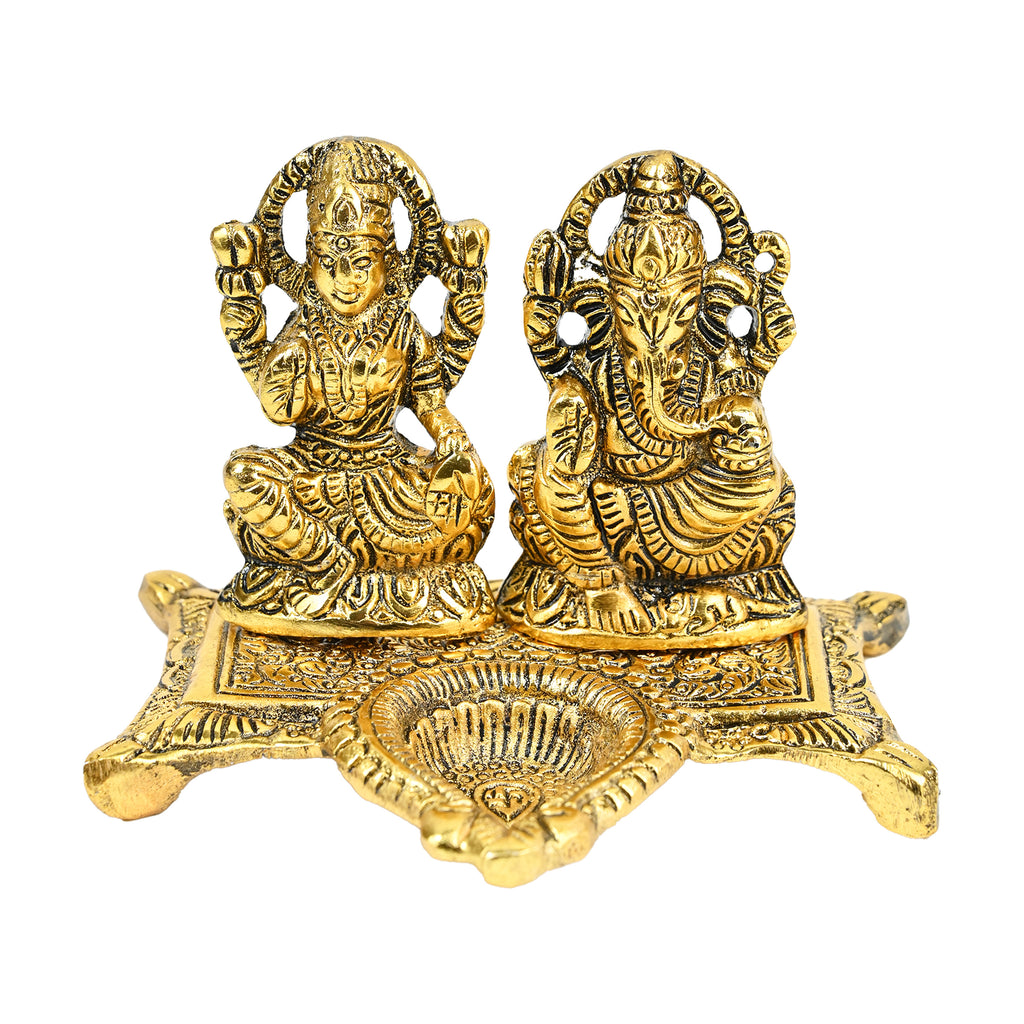 HindCraft Metal Laxmi Ganesh Idol with Diya for Puja, Mandir & Home Décor