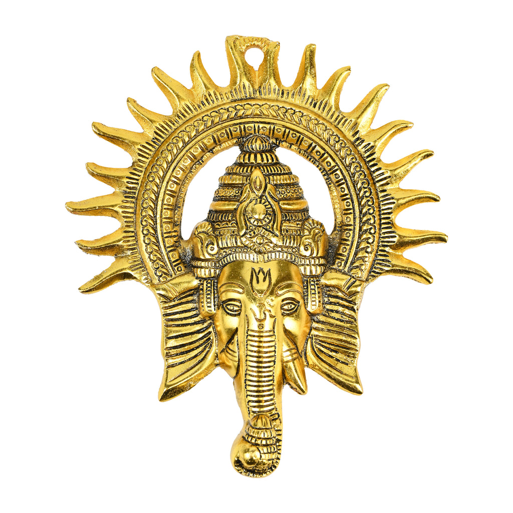 HindCraft Lord Ganesha Wall Hanging with Sun Design | Antique Gold Finish | Metal Wall Décor for Home Entrance, Temple & Office