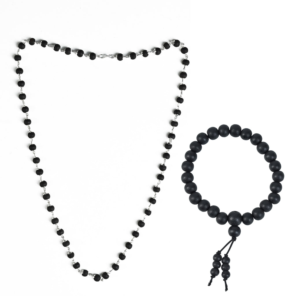 HindCraft Karungali Mala 54 Beads with Silver Caps & Karungali Bracelet | Natural Ebony Wood Combo | Karungali Malai Original Spiritual Jap Mala for Men & Women