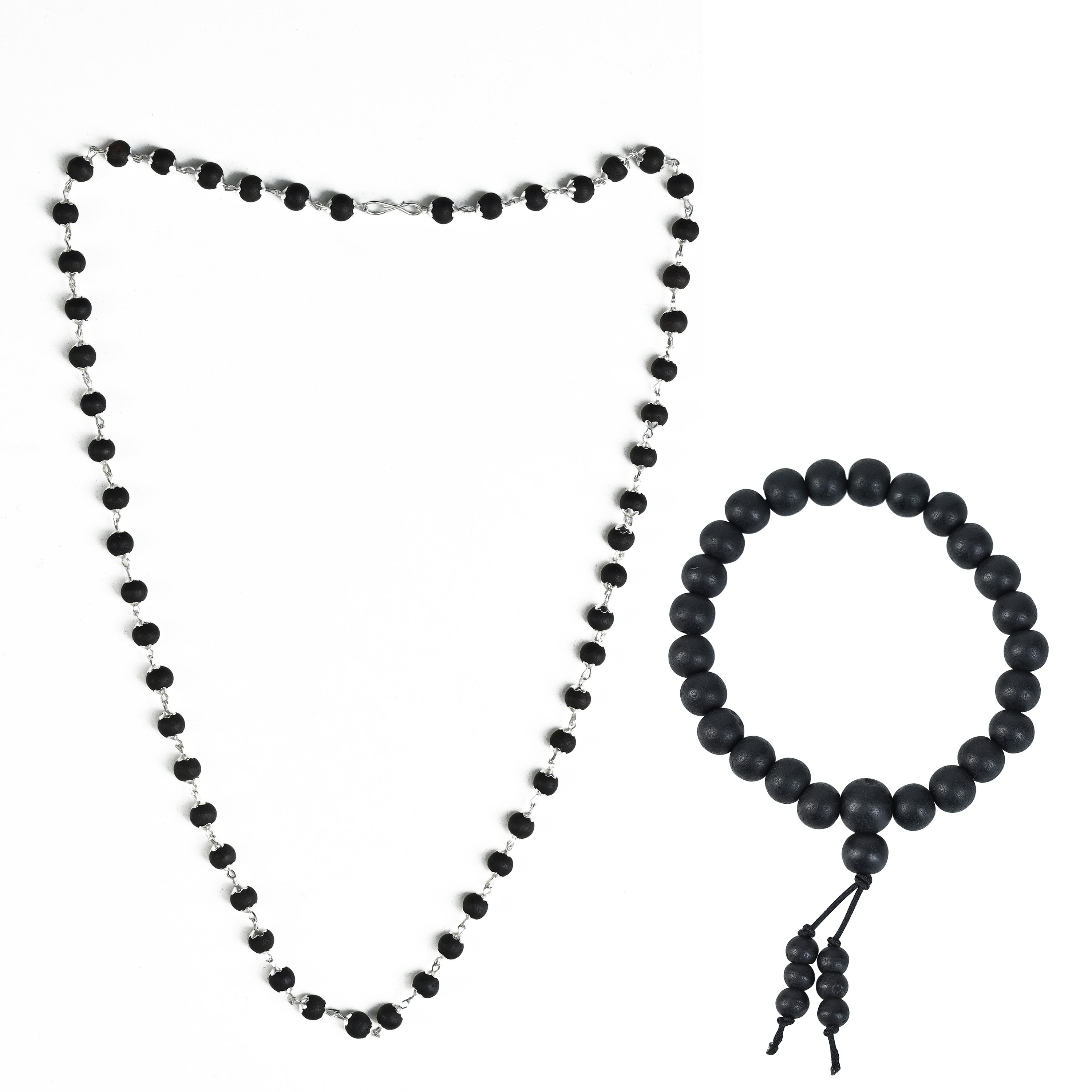 HindCraft Karungali Mala 54 Beads with Silver Caps & Karungali Bracelet | Natural Ebony Wood Combo | Karungali Malai Original Spiritual Jap Mala for Men & Women