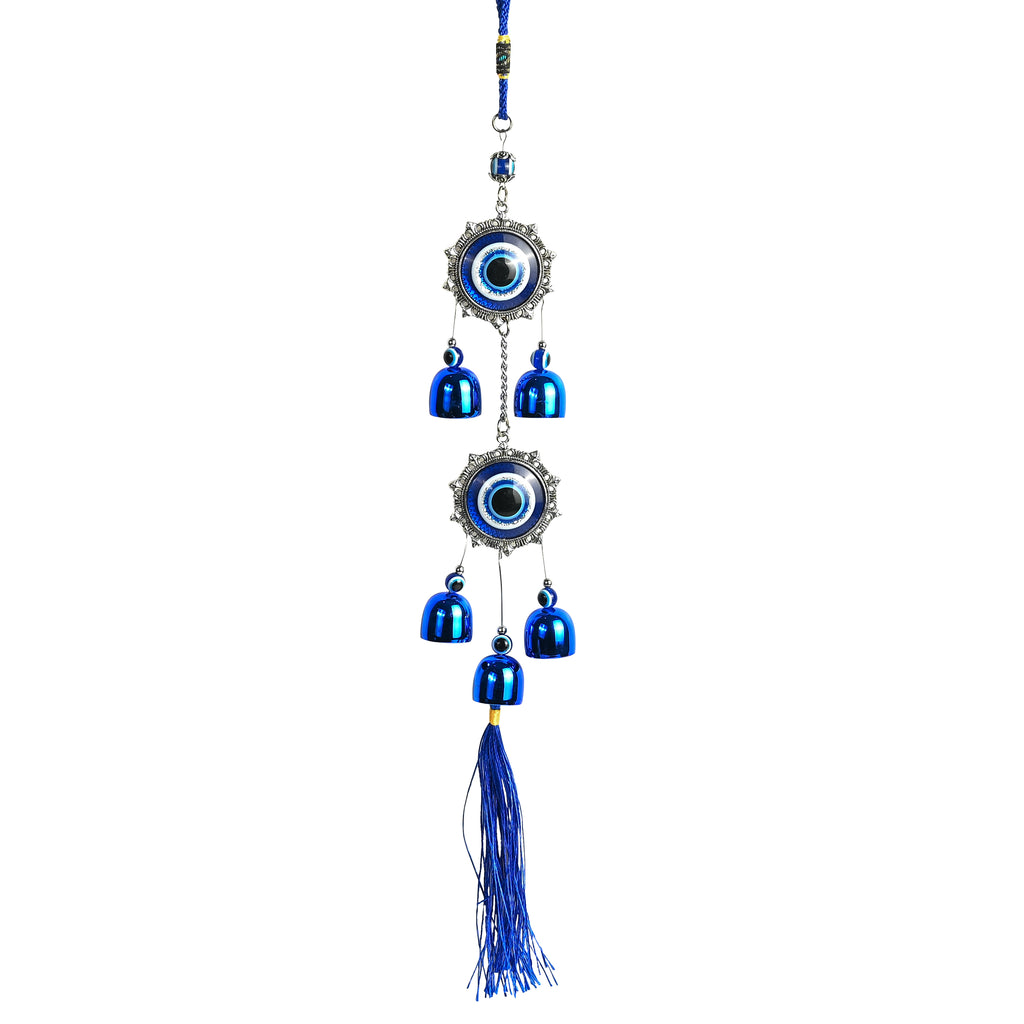 HindCraft Double Evil Eye Hanging with Blue Bells & Tassel | Turkish Nazar Wall & Door Decor