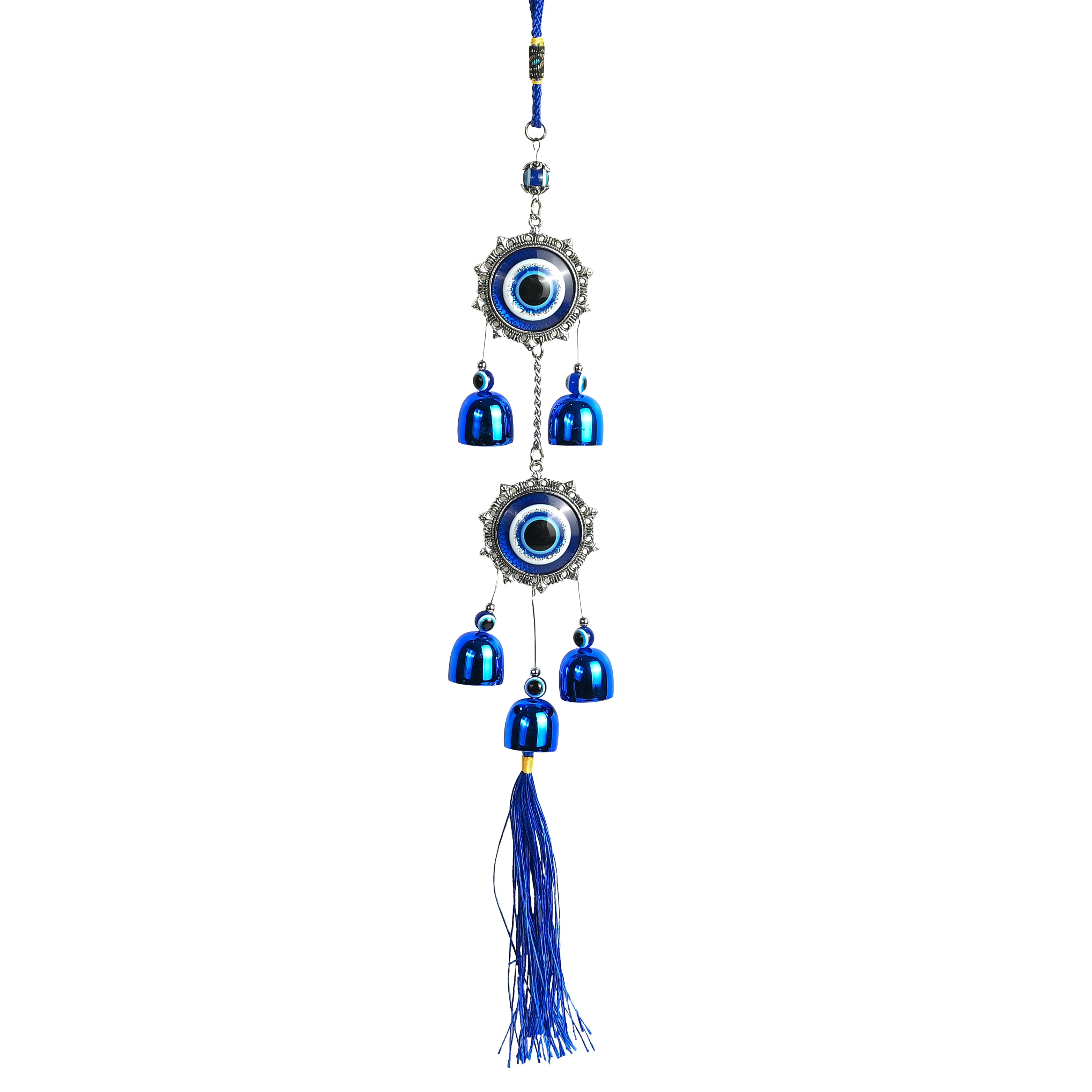 HindCraft Double Evil Eye Hanging with Blue Bells & Tassel | Turkish Nazar Wall & Door Decor