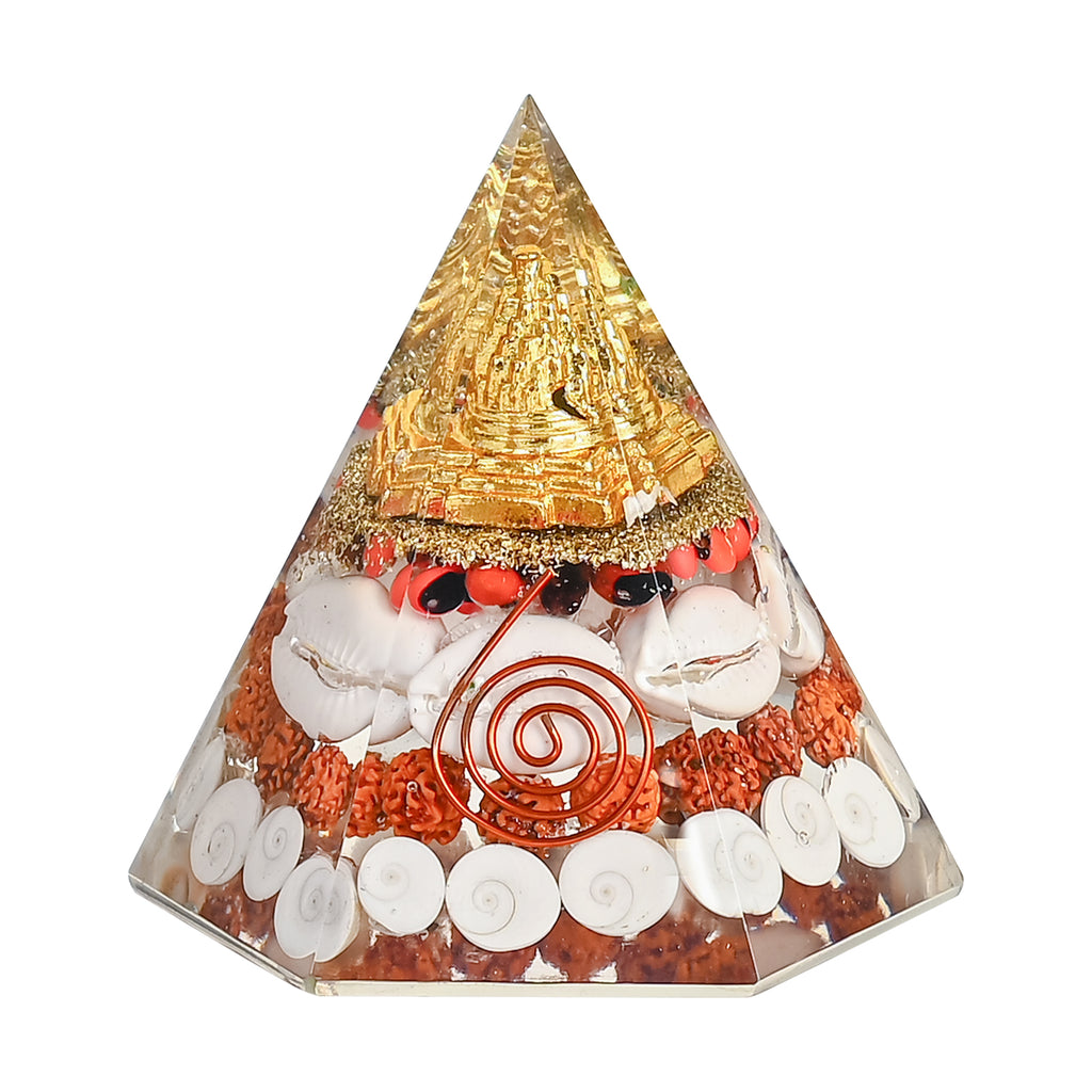 HindCraft Lakshmi Shree Yantra Orgonite Pyramid with Gomti Chakra, Rudraksha, Kaudi Shells and Copper Coil for Vastu Home Décor