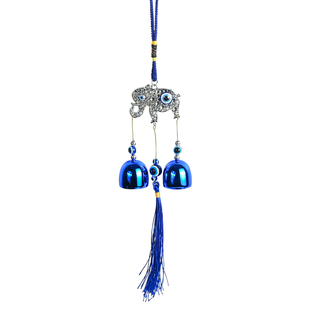 HindCraft Elephant Evil Eye Hanging with Blue Bells & Tassel | Turkish Nazar Wall & Door Decor
