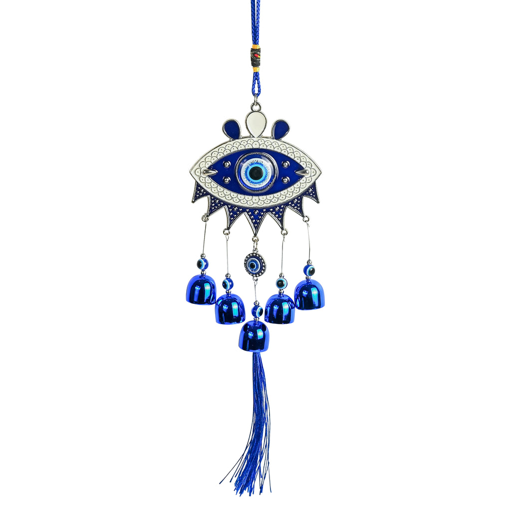 HindCraft Hamsa Evil Eye Hanging with Blue Bells & Tassel | Turkish Nazar Wall & Door Decor
