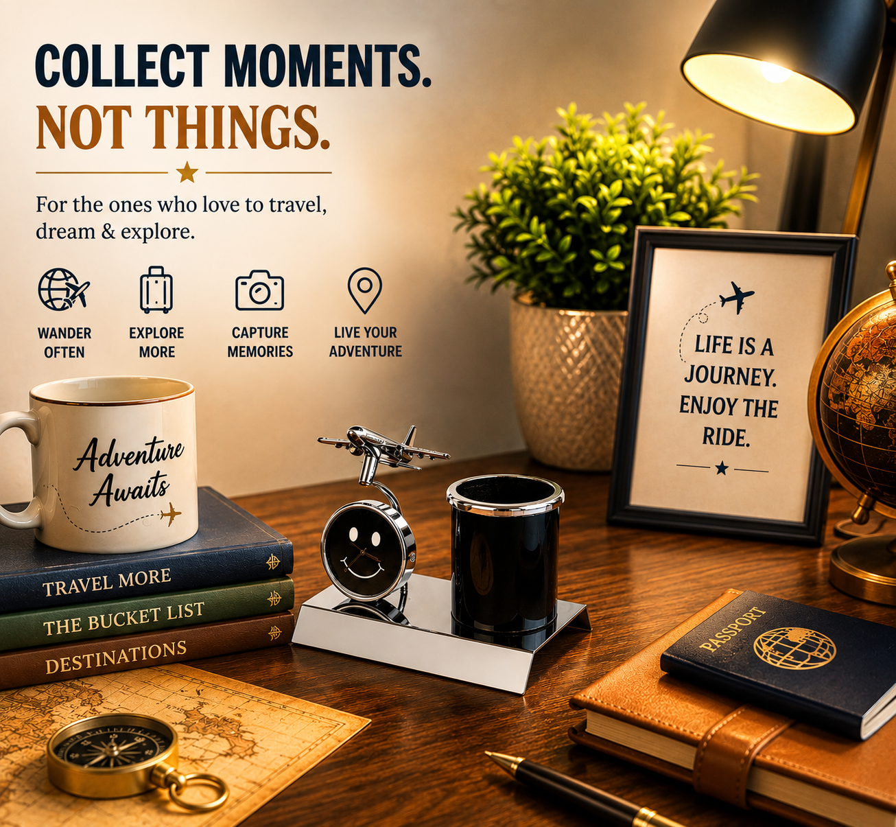 HindCraft Airplane Desk Clock with Pen Holder for Office Table Decor